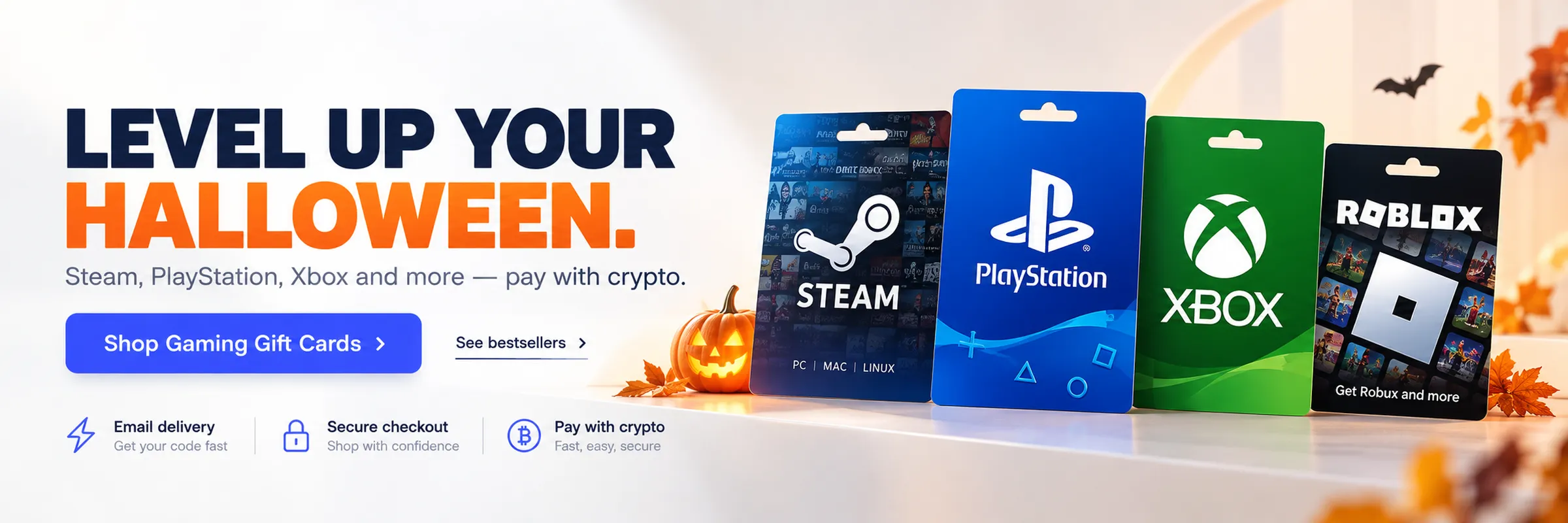 ACEB Halloween gaming gift cards featuring Steam, PlayStation, Xbox and Roblox, available to buy with cryptocurrency.