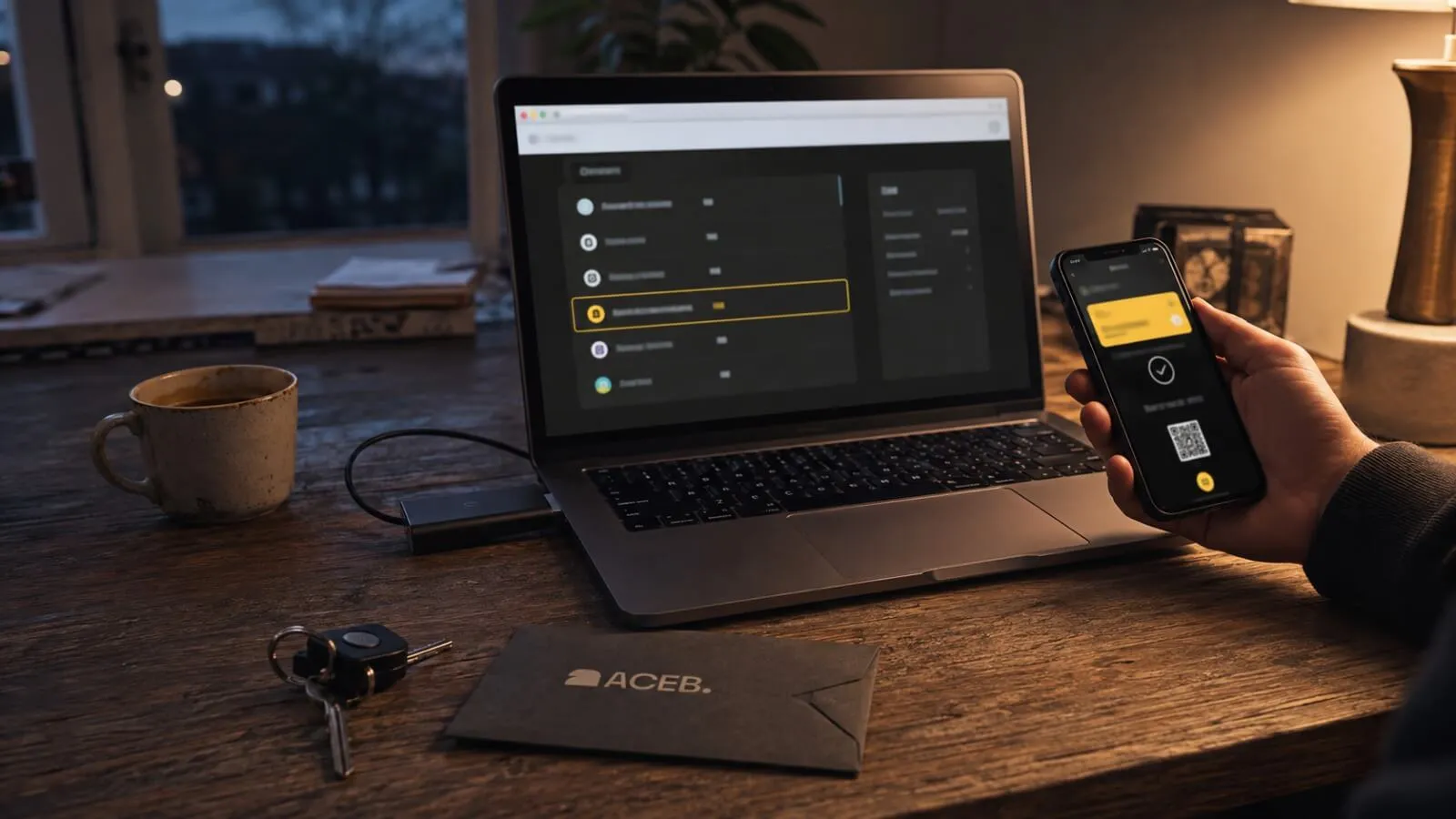ACEB gift card checkout using Binance Pay through CoinGate on a laptop and smartphone
