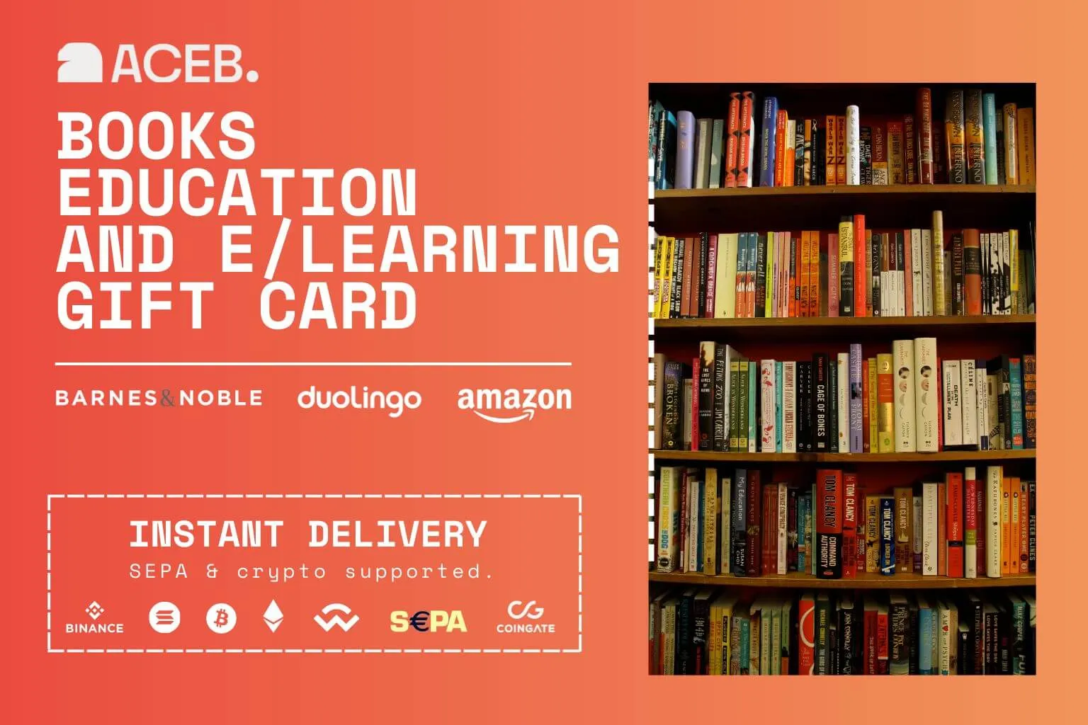 ACEB books education and e-learning gift cards with instant delivery and crypto payment support