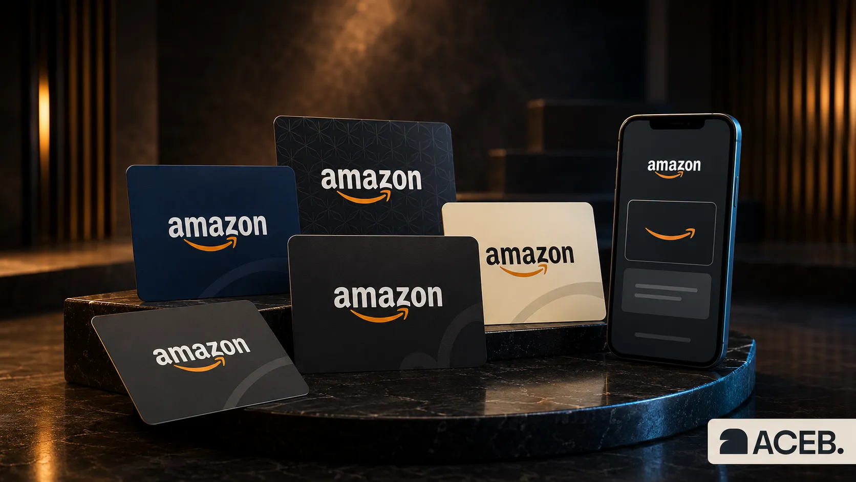 Cinematic display of Amazon Gift Cards available through ACEB