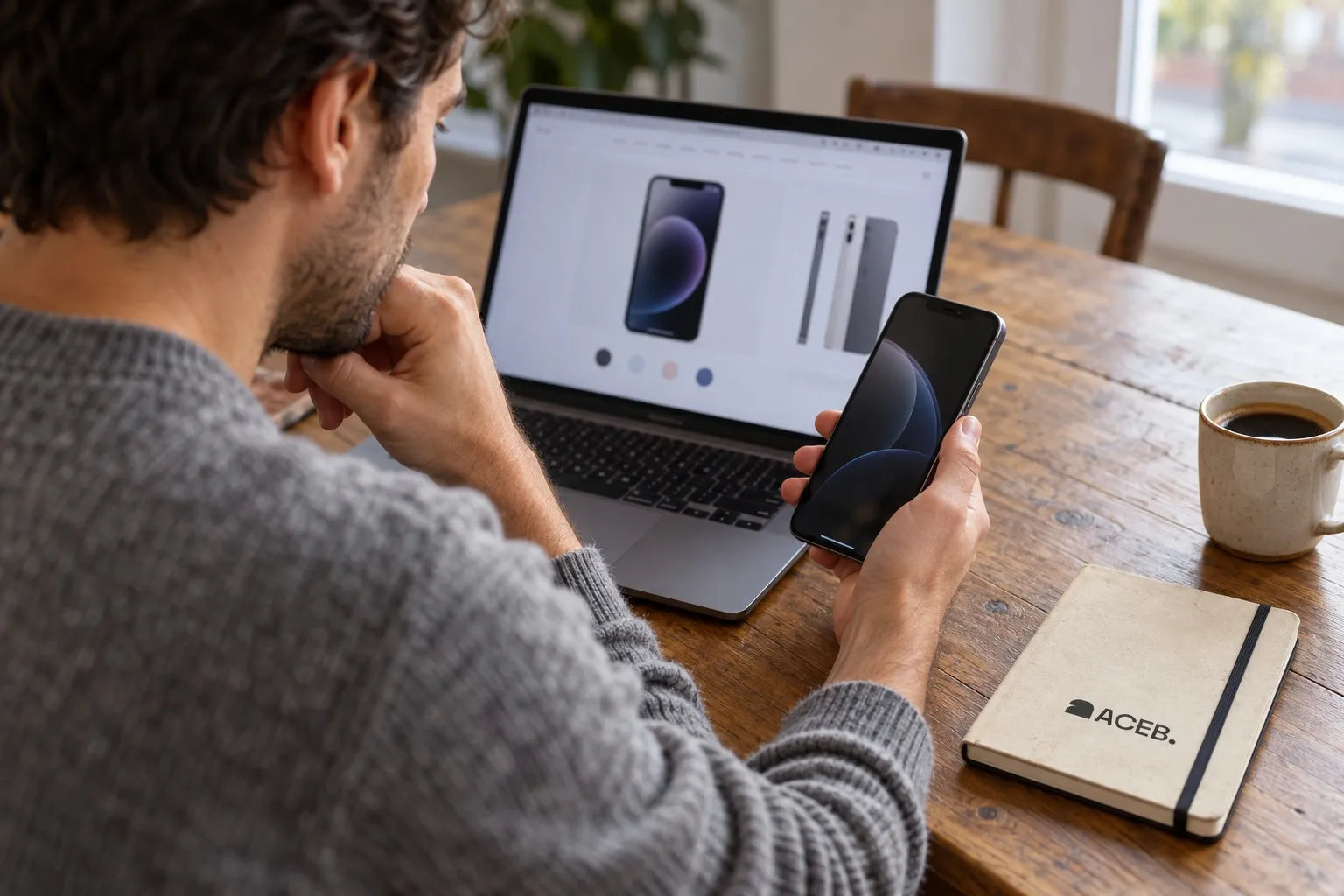 Man comparing iPhone models on a laptop while holding his phone at home