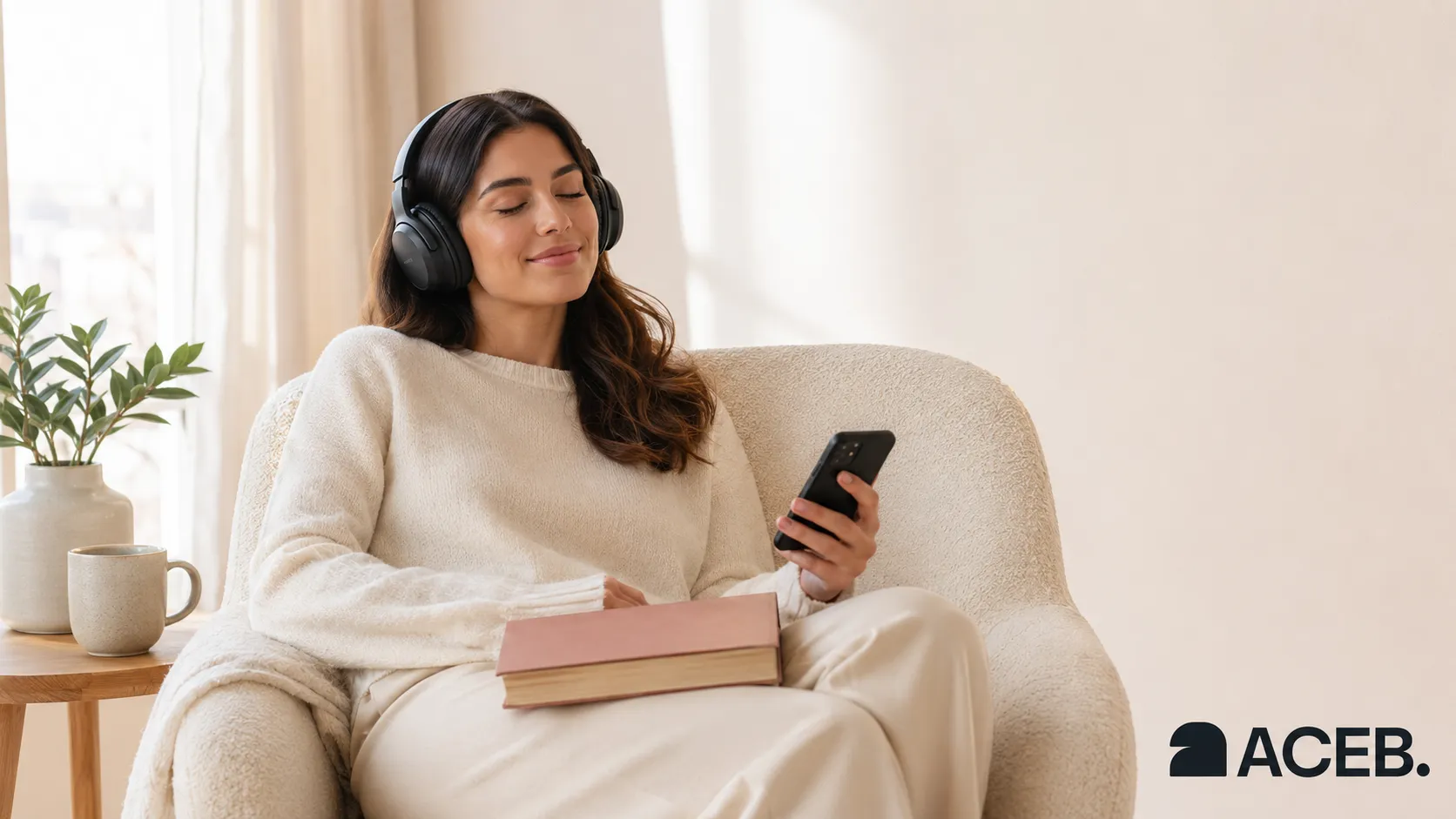 Woman relaxing in an armchair and listening to an Audible audiobook with headphones