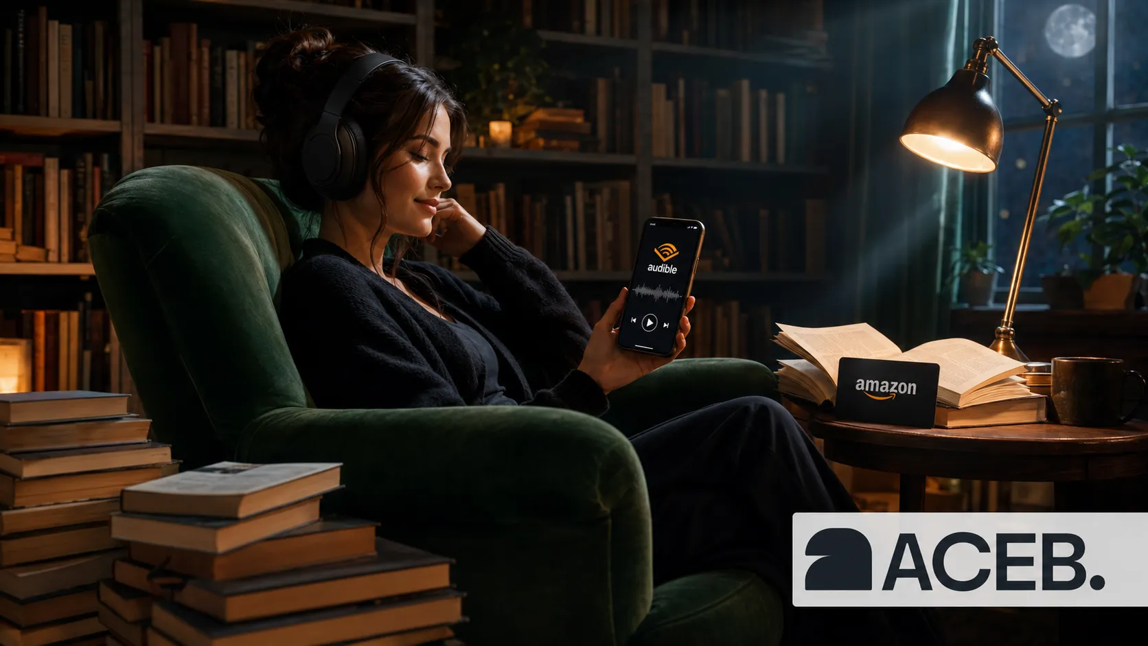 Five recommended Audible books with headphones and ACEB branding