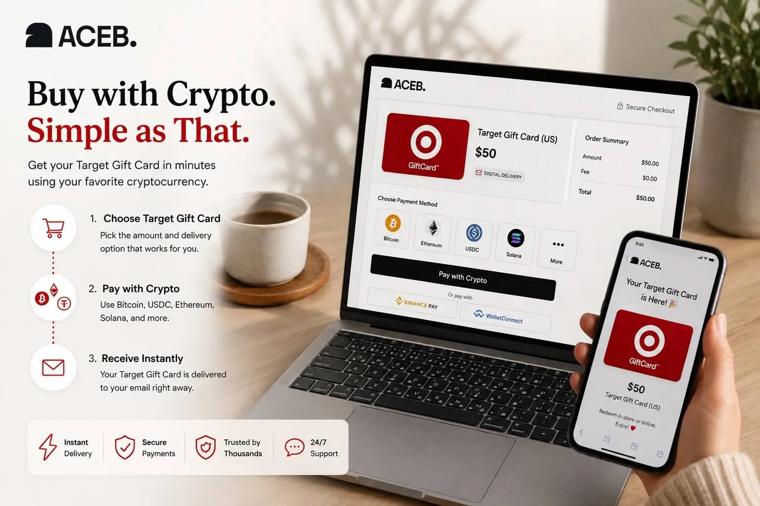 How to buy a Target Gift Card with Bitcoin, Ethereum, USDC, Solana and other cryptocurrencies on ACEB