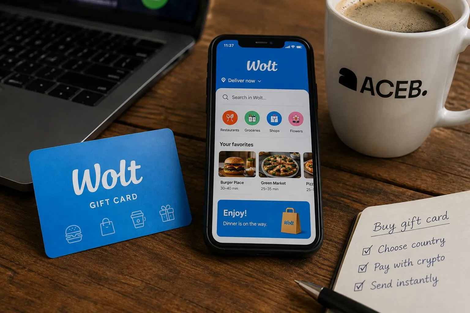 Wolt gift card beside the Wolt mobile app showing the steps to buy a country-specific Wolt gift card with cryptocurrency.