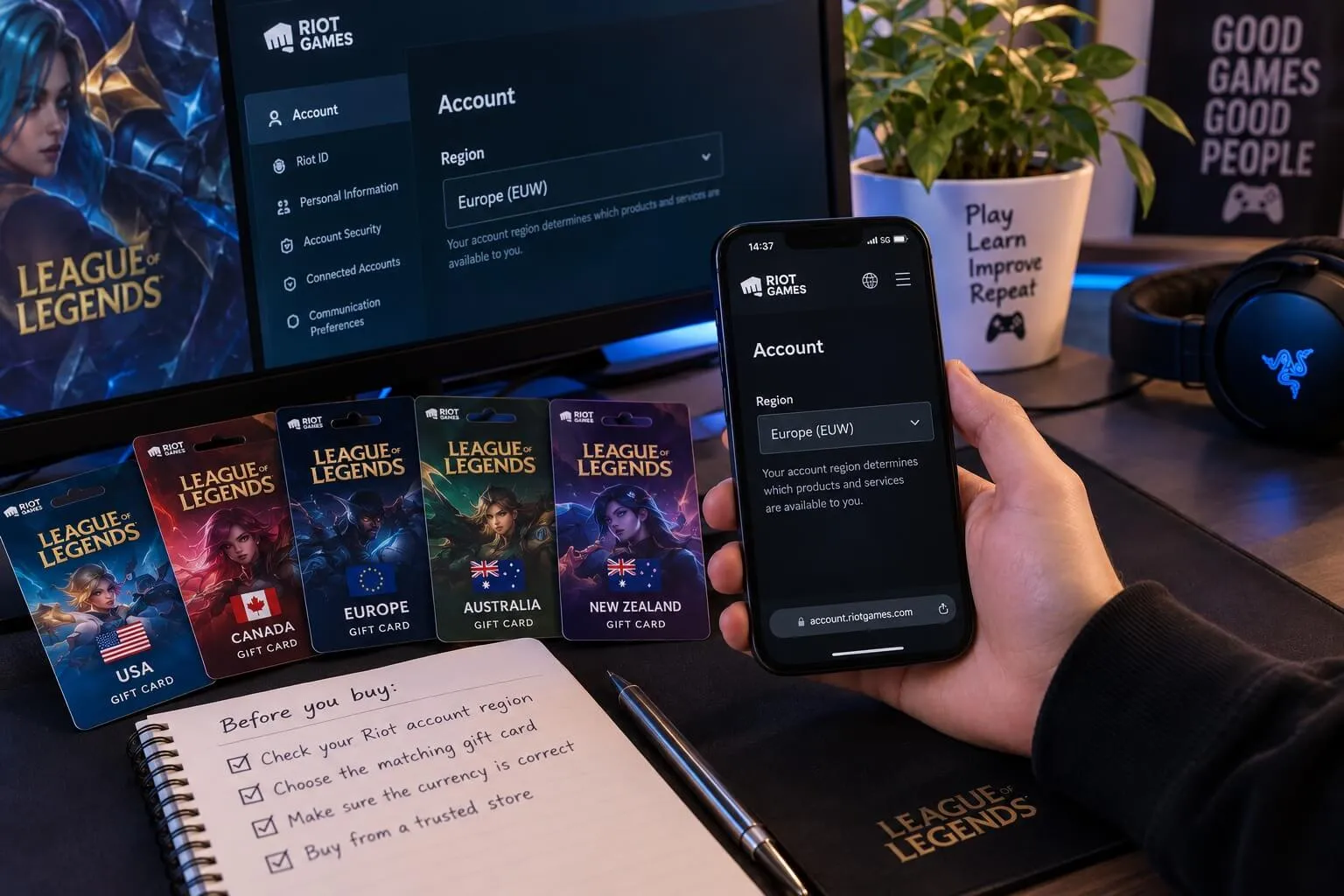 League of Legends gift cards for USA, Canada, Europe, Australia and New Zealand beside Riot account region settings.