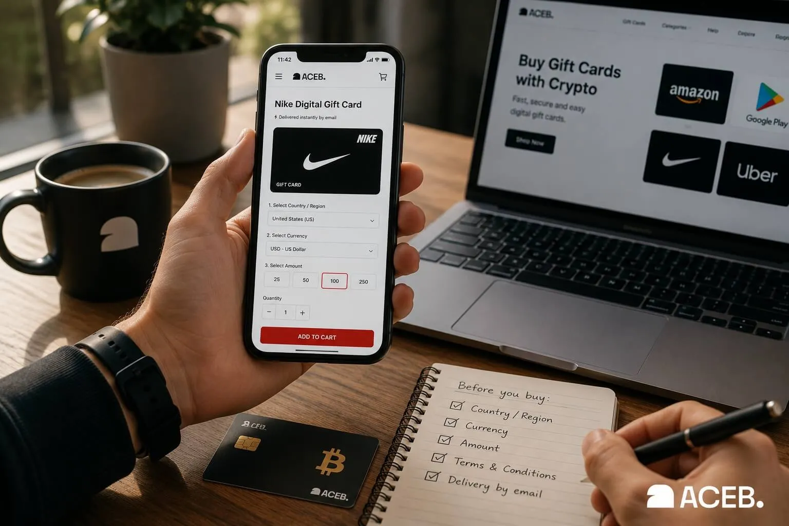 Checking the country, region and currency before buying a Nike digital gift card.