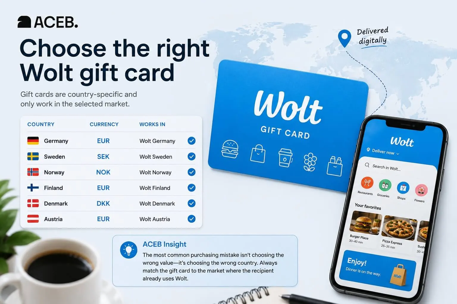 Comparison of country-specific Wolt gift cards for Germany, Sweden, Norway, Finland, Denmark and Austria before purchase.