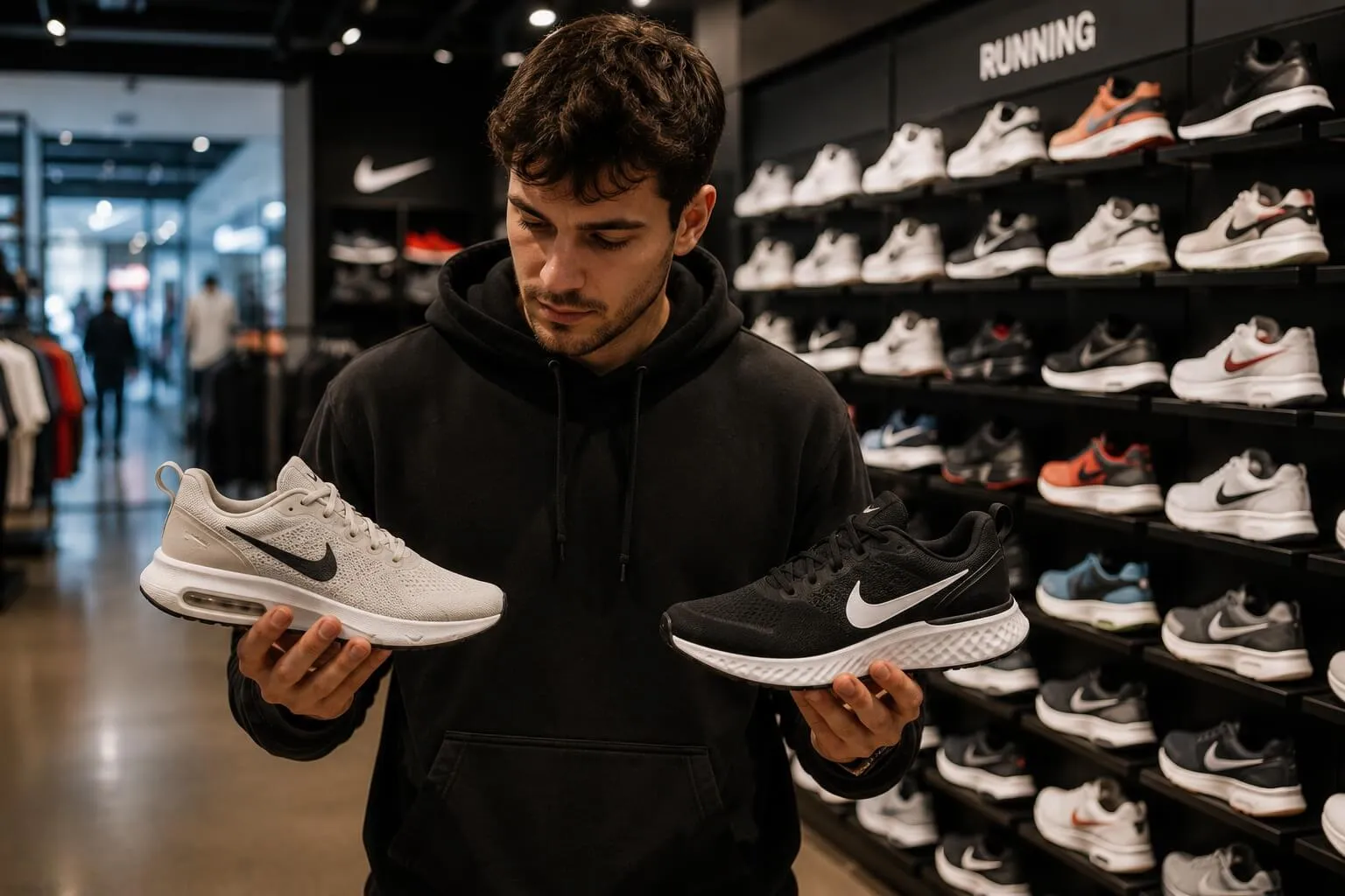 Customer comparing two pairs of Nike running shoes before making a purchase.
