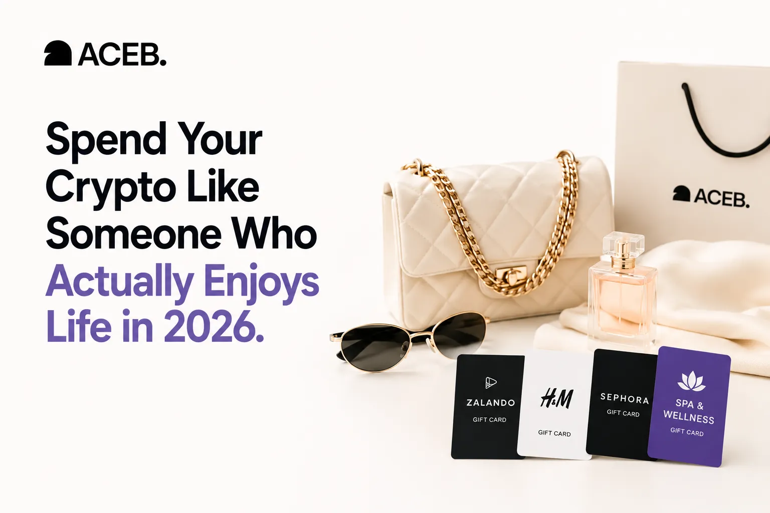 Happy woman discovering how easy it is to spend cryptocurrency on fashion, beauty and wellness gift cards through ACEB