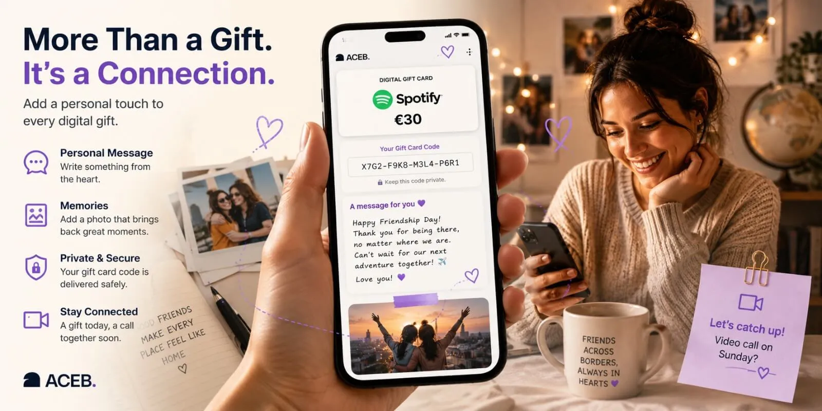 ACEB digital gift card sent with a personal Friendship Day message, photo and video call invitation