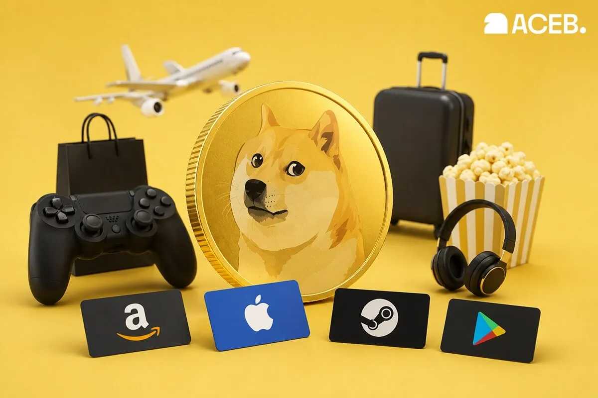 Dogecoin coin surrounded by digital gift cards for Amazon, Apple, Steam and Google Play, illustrating how to spend Dogecoin on everyday shopping, gaming and digital services in 2026.
