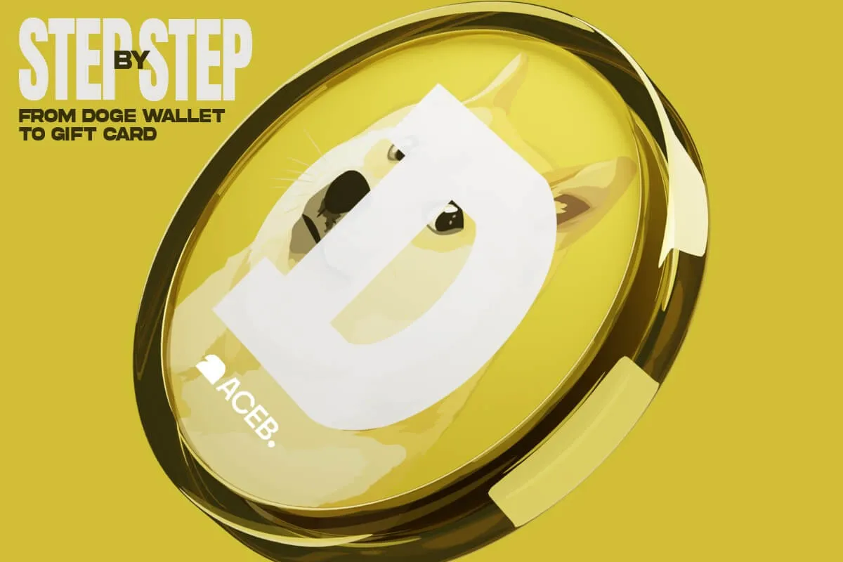 Step-by-step illustration showing how to convert Dogecoin from a crypto wallet into a digital gift card.