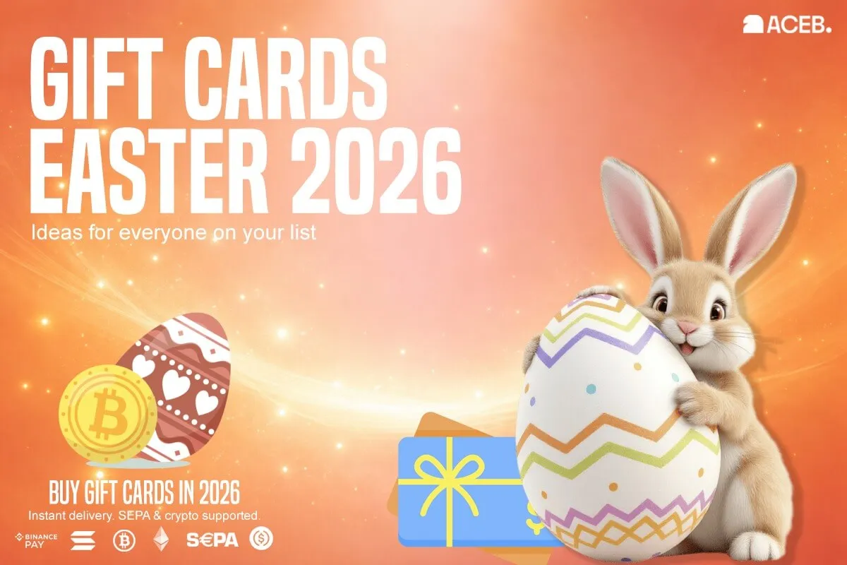 Easter 2026 gift cards with bunny holding decorated egg and crypto payment options