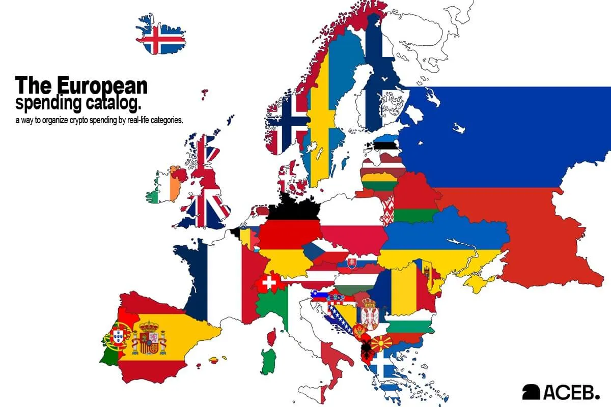 Map of Europe filled with national flags illustrating crypto spending options across European countries