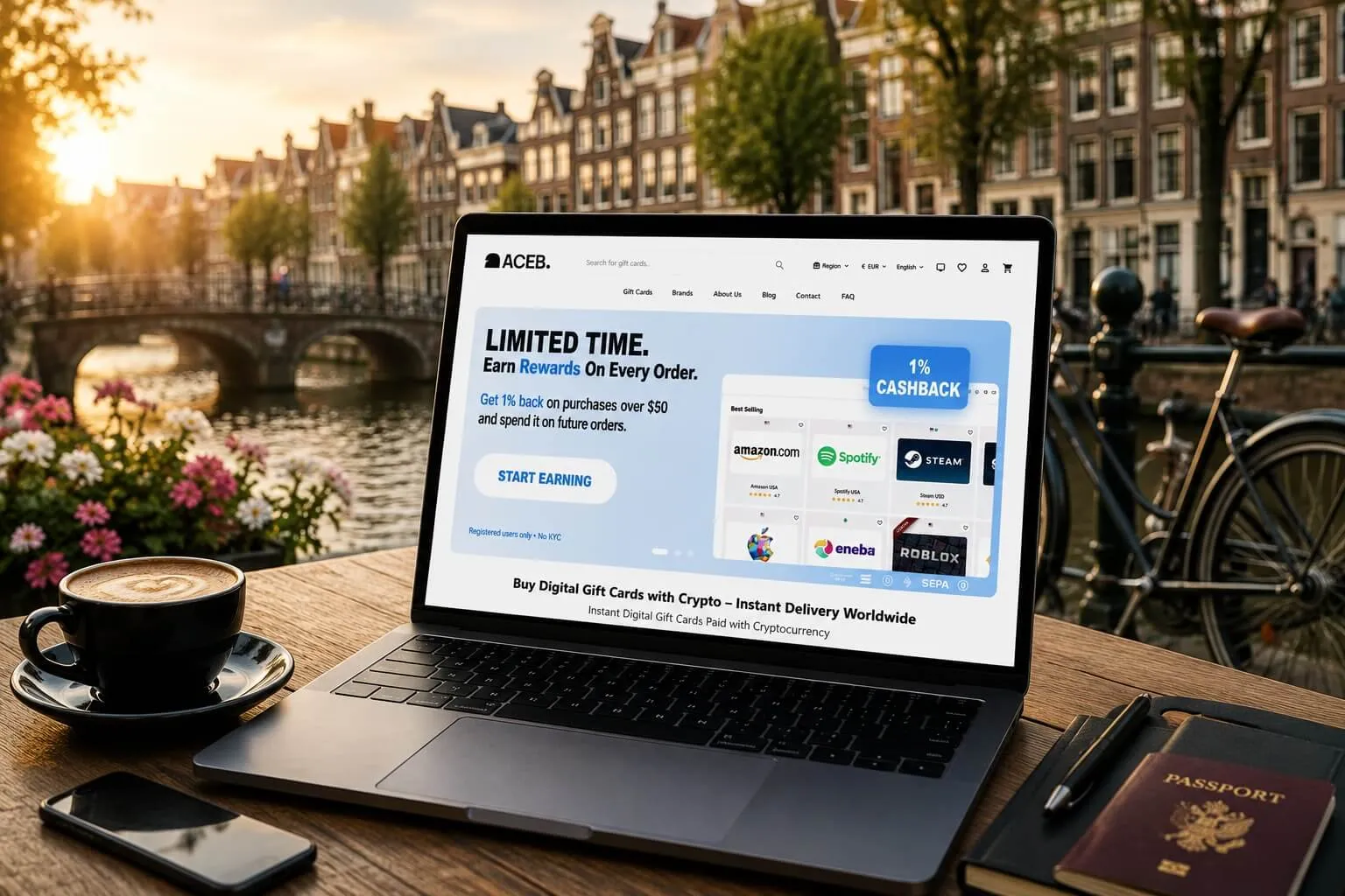 ACEB website displayed on a laptop in an Amsterdam café, illustrating how cryptocurrency can be used to buy digital gift cards across Europe.