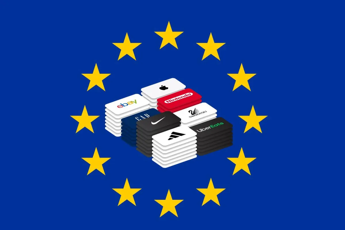 Digital gift cards surrounded by European Union stars for spending crypto across Europe
