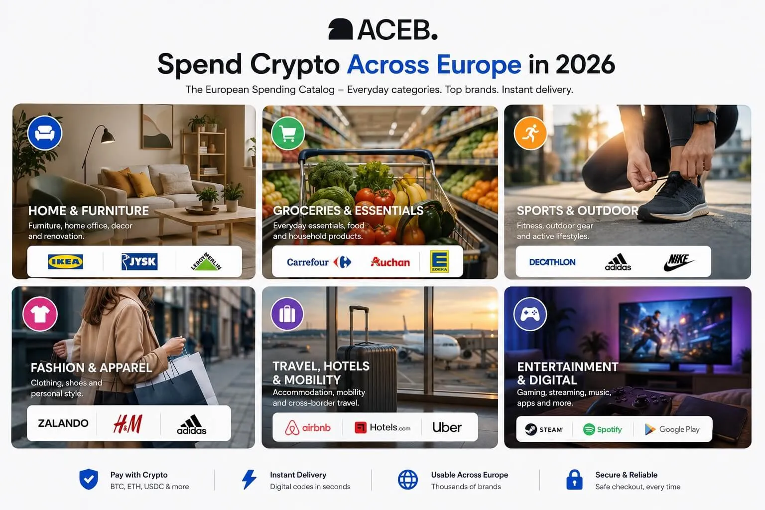 European spending categories including home, groceries, sports, fashion, travel and entertainment available through ACEB digital gift cards.