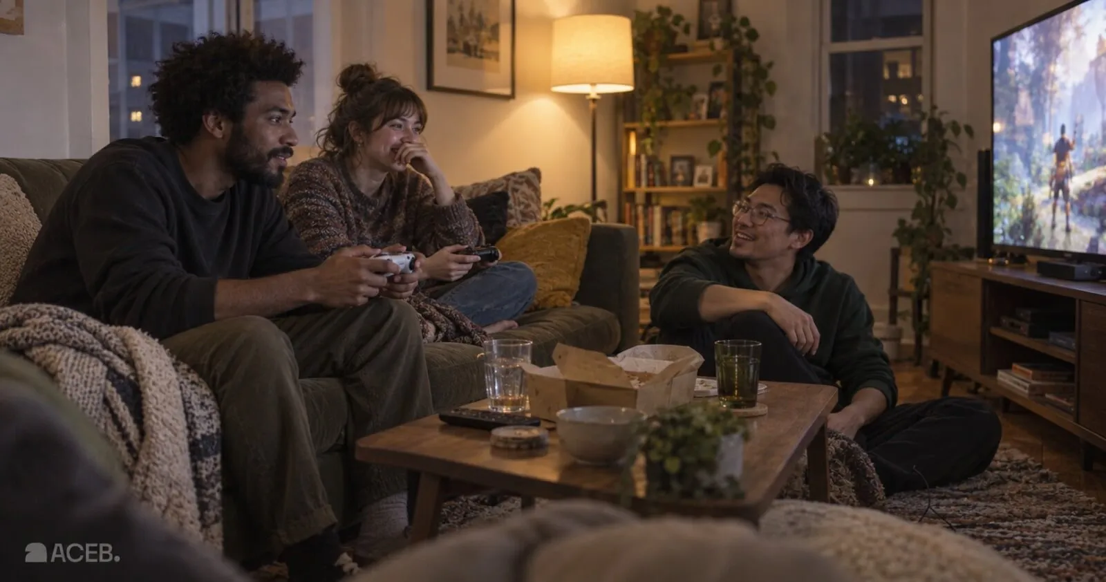 Friends enjoying a gaming night together in a living room
