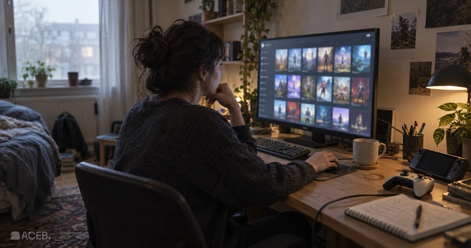 Gamer browsing a digital game library on a desktop computer at home