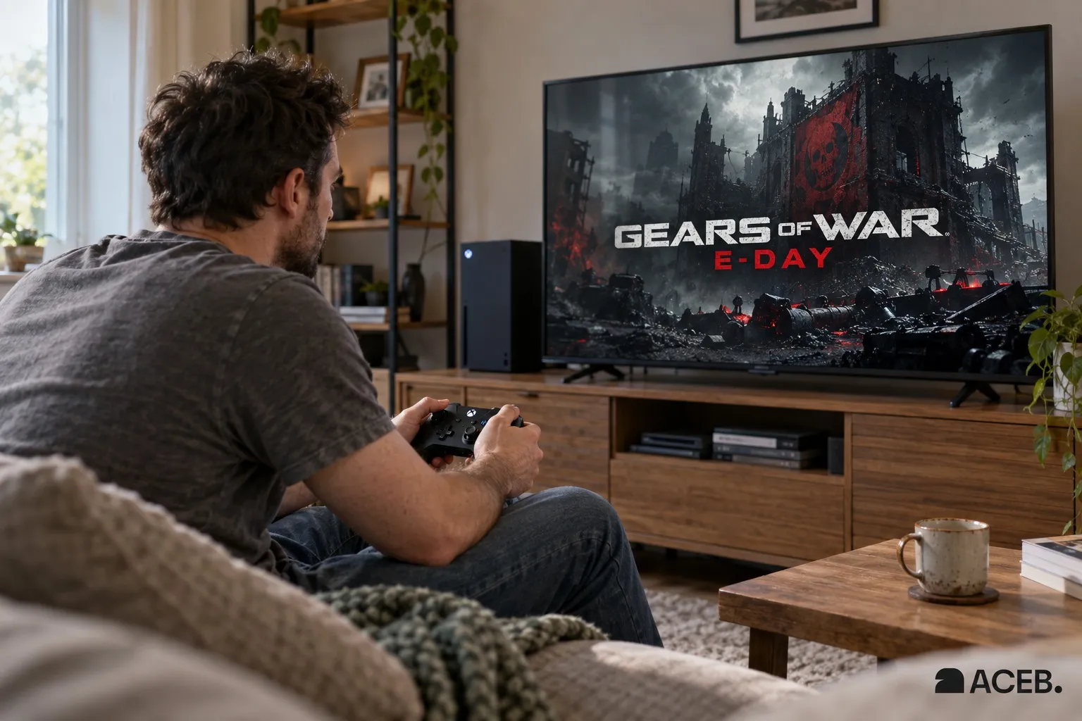 Man holding an Xbox controller while viewing the Gears of War: E-Day title screen at home.