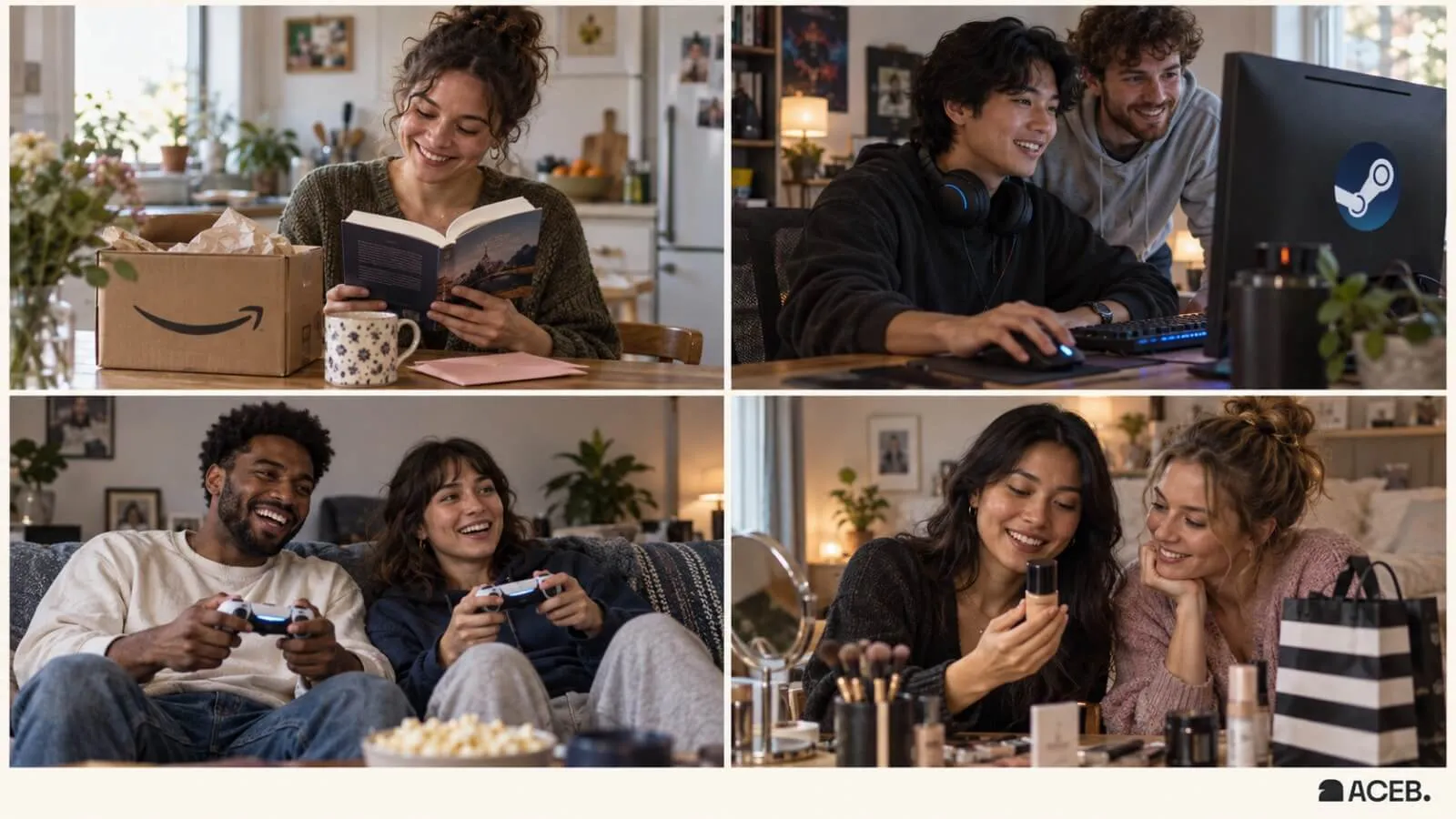 Collage of people enjoying Amazon, Steam, PlayStation and Sephora birthday gift card ideas