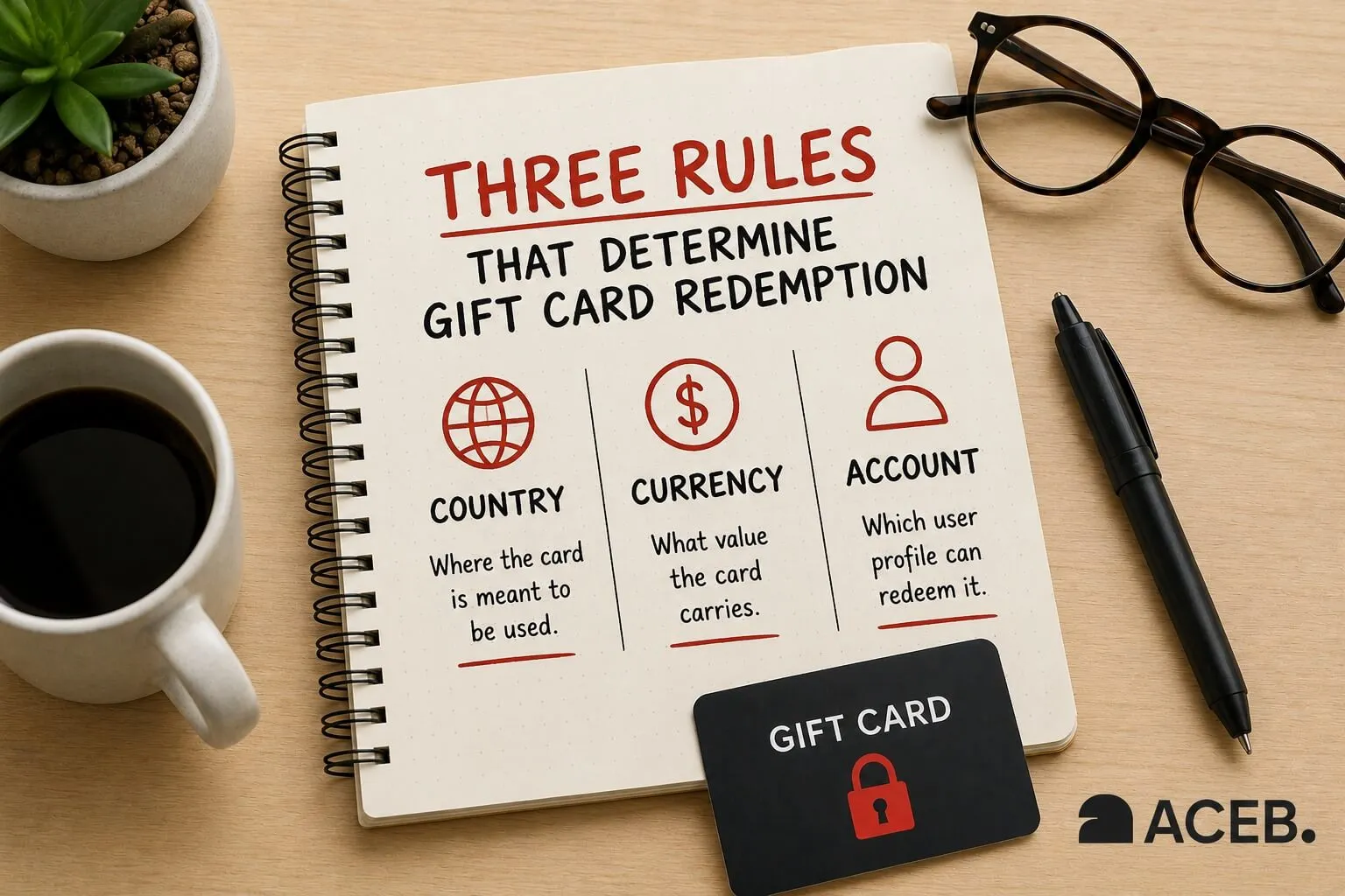 Three rules for gift card redemption: country, currency and account