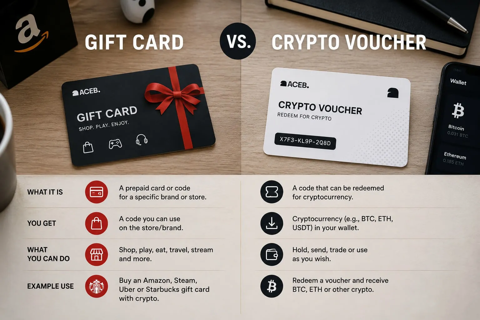 Gift card vs crypto voucher comparison showing what you receive and how each product is used