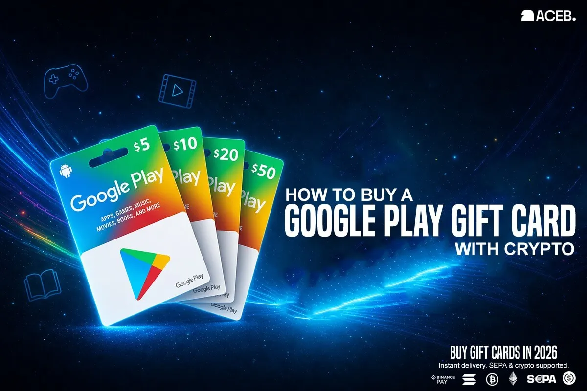 Google Play gift cards with crypto payment options including Bitcoin Ethereum and USDC on ACEB