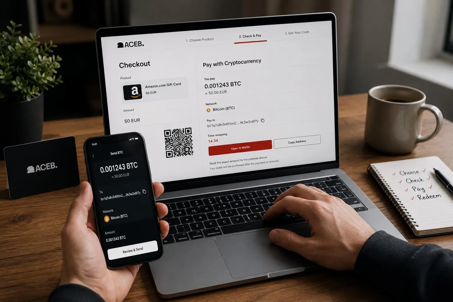 Buying a gift card with cryptocurrency using an ACEB checkout and crypto wallet