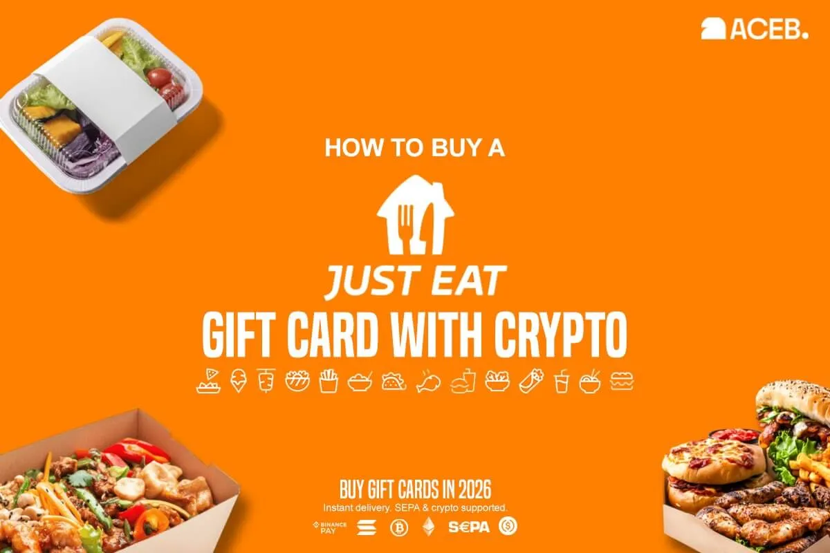 Food delivery courier with ACEB branded bag promoting crypto payments for food delivery with Just Eat