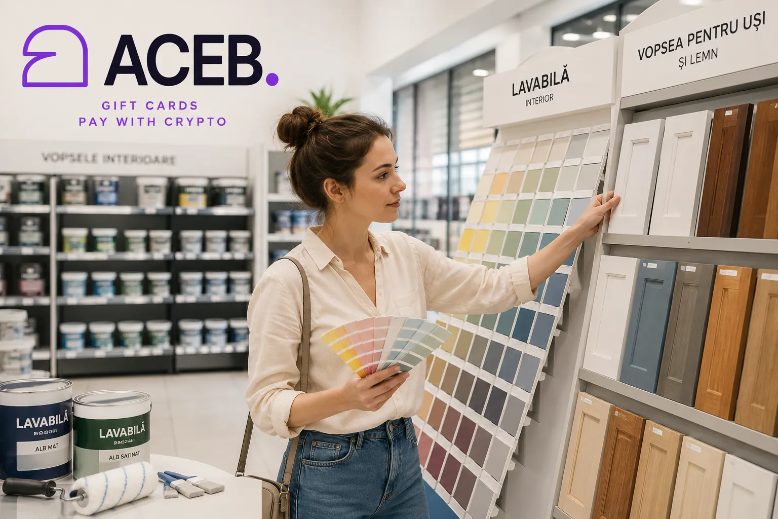 Woman choosing washable wall paint and door paint colours for a home renovation with ACEB gift cards