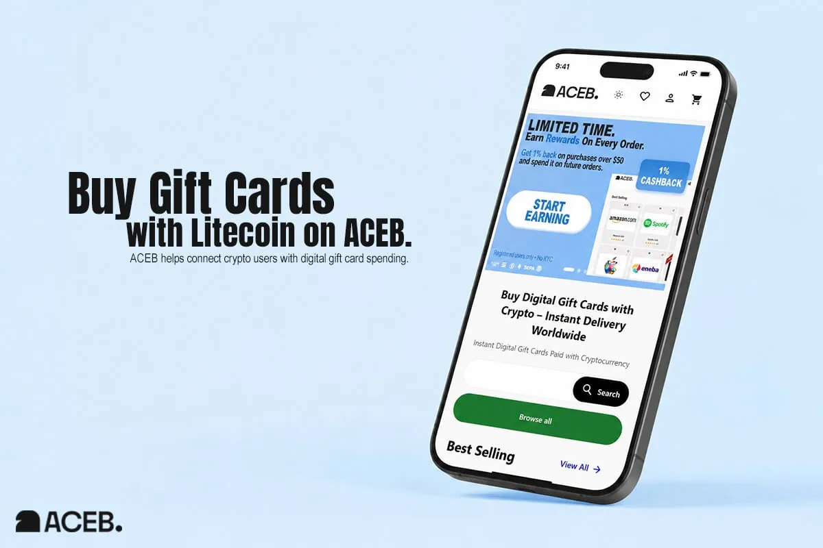 Buy gift cards with Litecoin on ACEB using a mobile crypto checkout interface