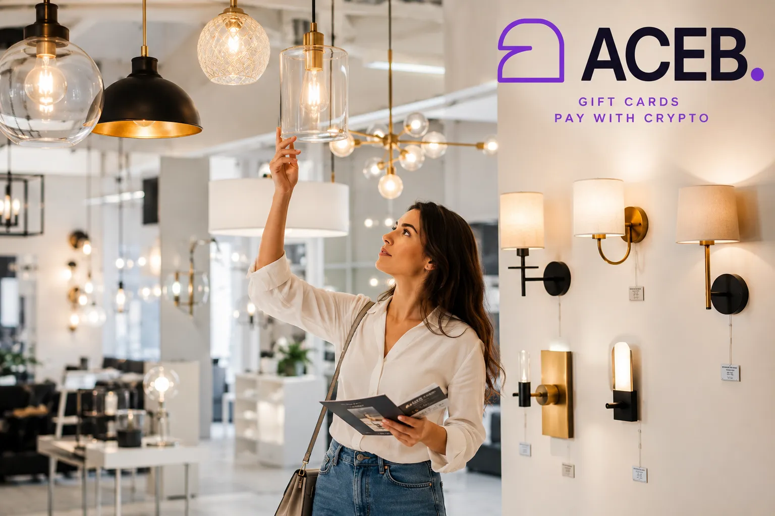 Woman choosing new chandeliers, pendant lights and wall lamps for her home with ACEB gift cards