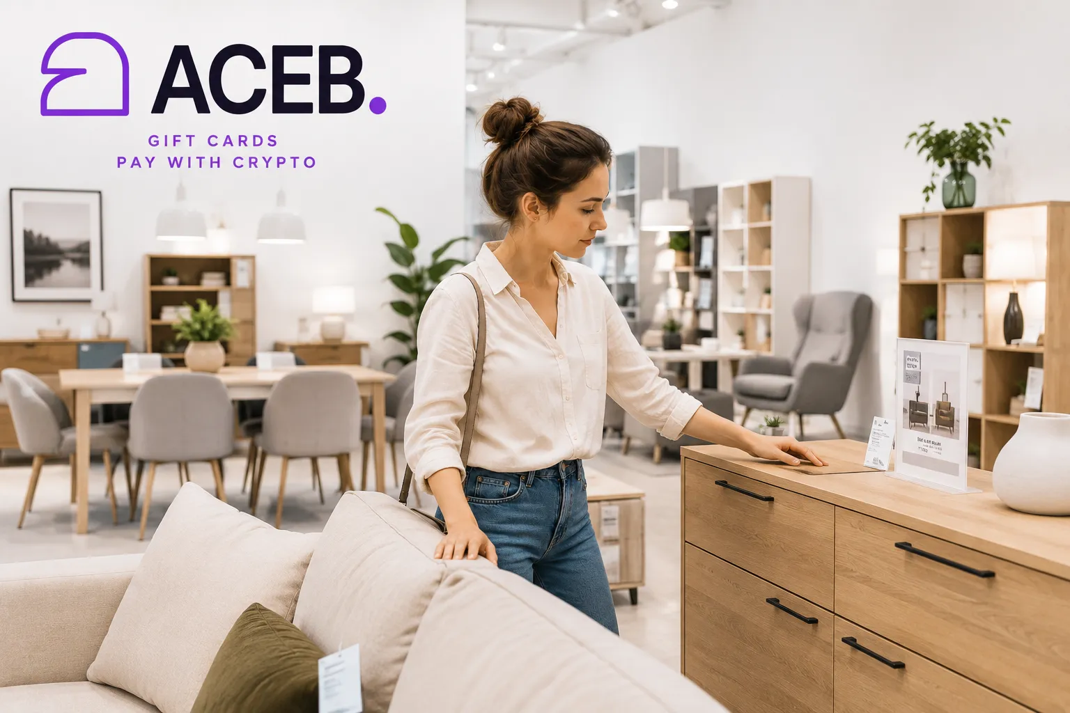 Woman choosing modern furniture in a clean showroom using ACEB home and lifestyle gift cards