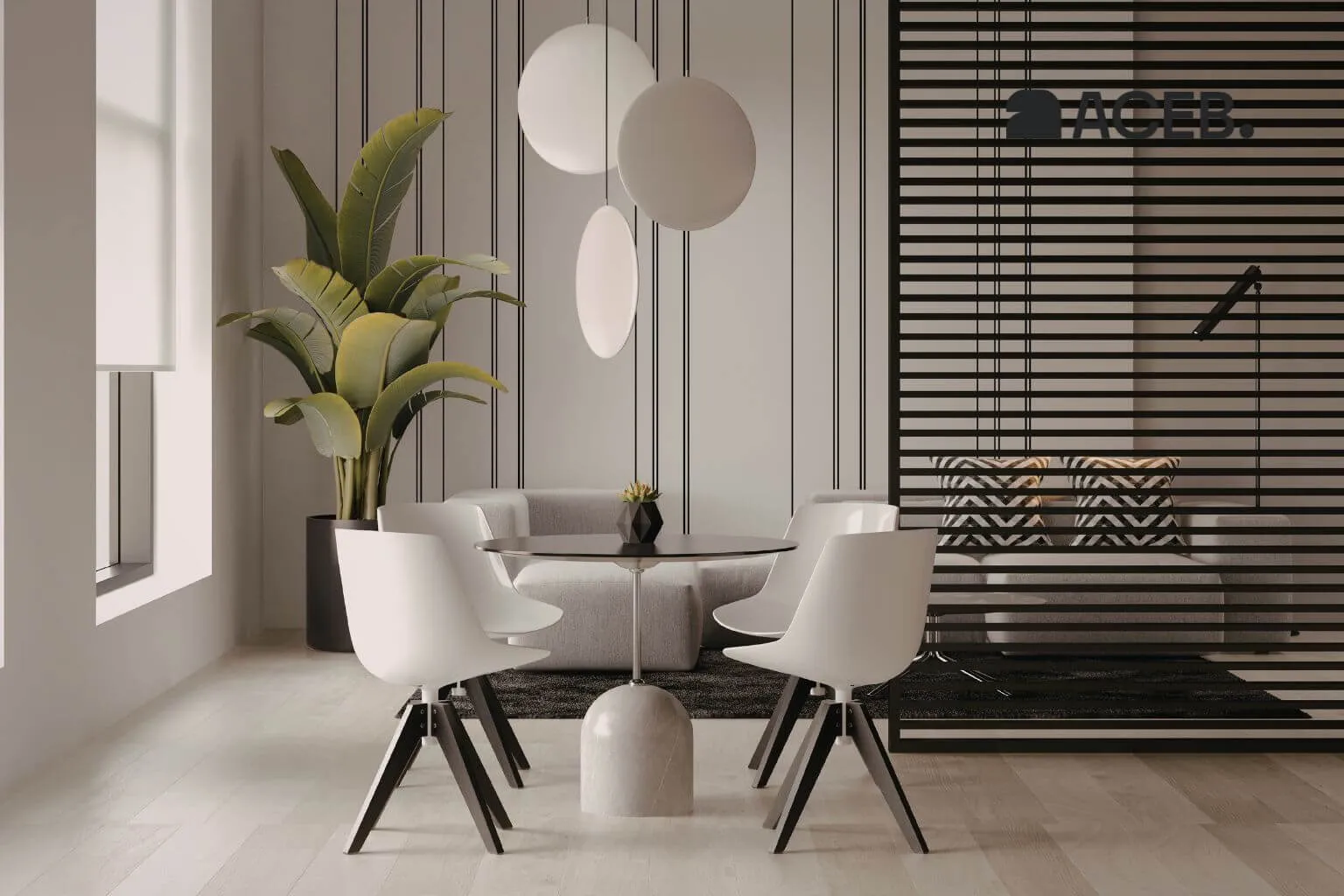 Modern redecorated living room with warm lighting, neutral furniture and ACEB lifestyle gift cards