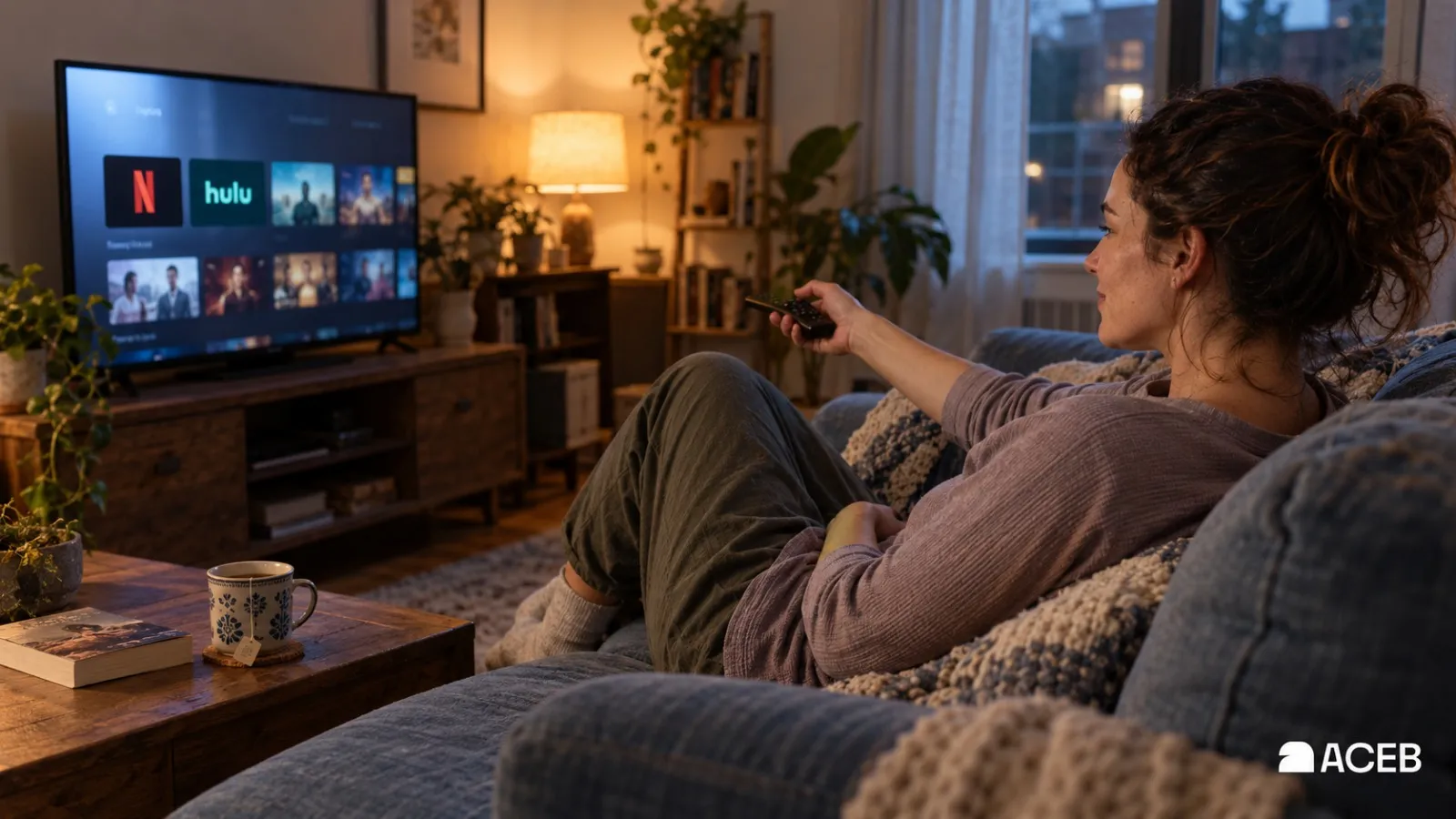 Woman holding a remote while browsing Netflix and Hulu on her TV at home.