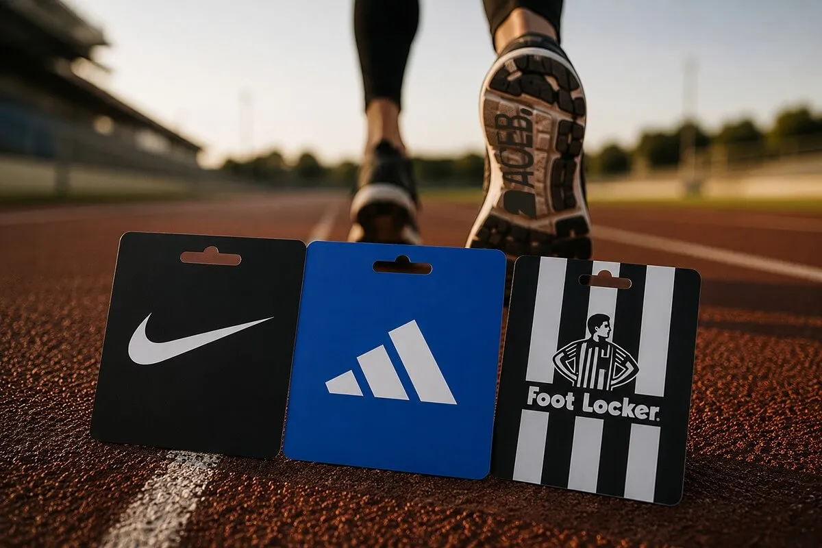 Nike, Adidas and Foot Locker gift cards displayed on a running track with a runner in the background.