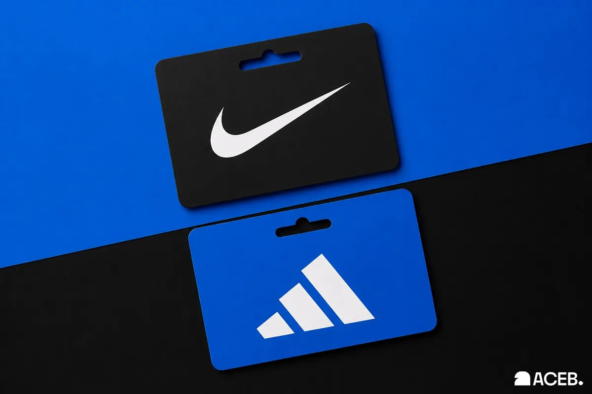 Nike and Adidas gift cards displayed on a blue and black background with the ACEB logo.