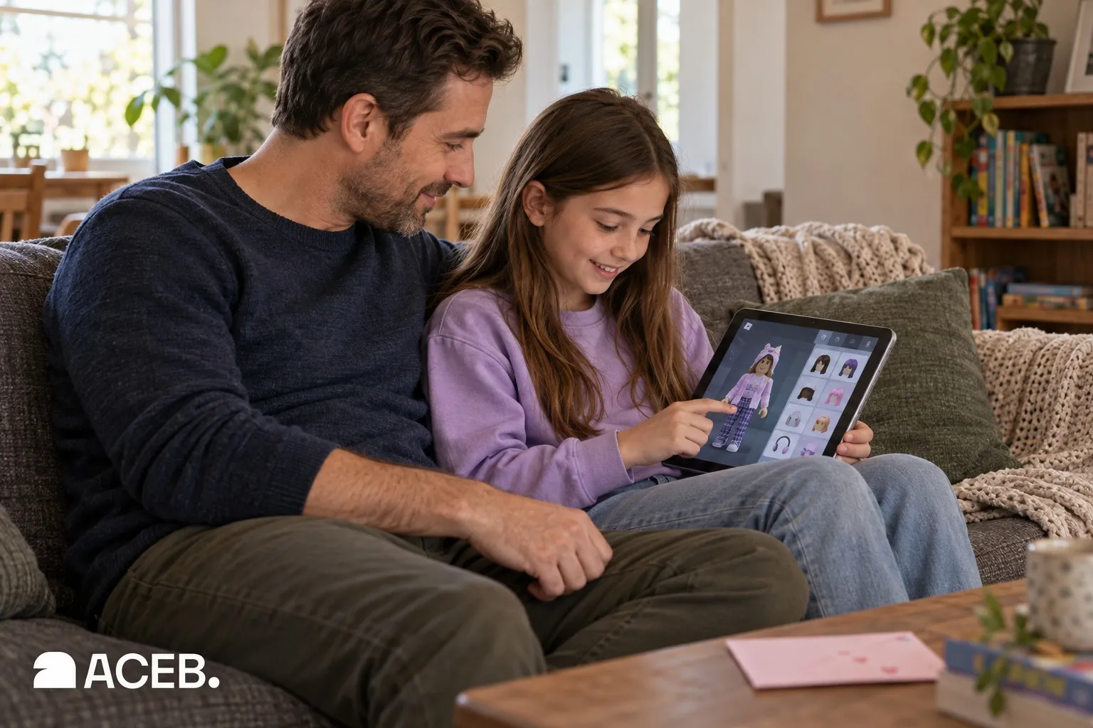 Father and daughter choosing Roblox avatar items together on a tablet at home.