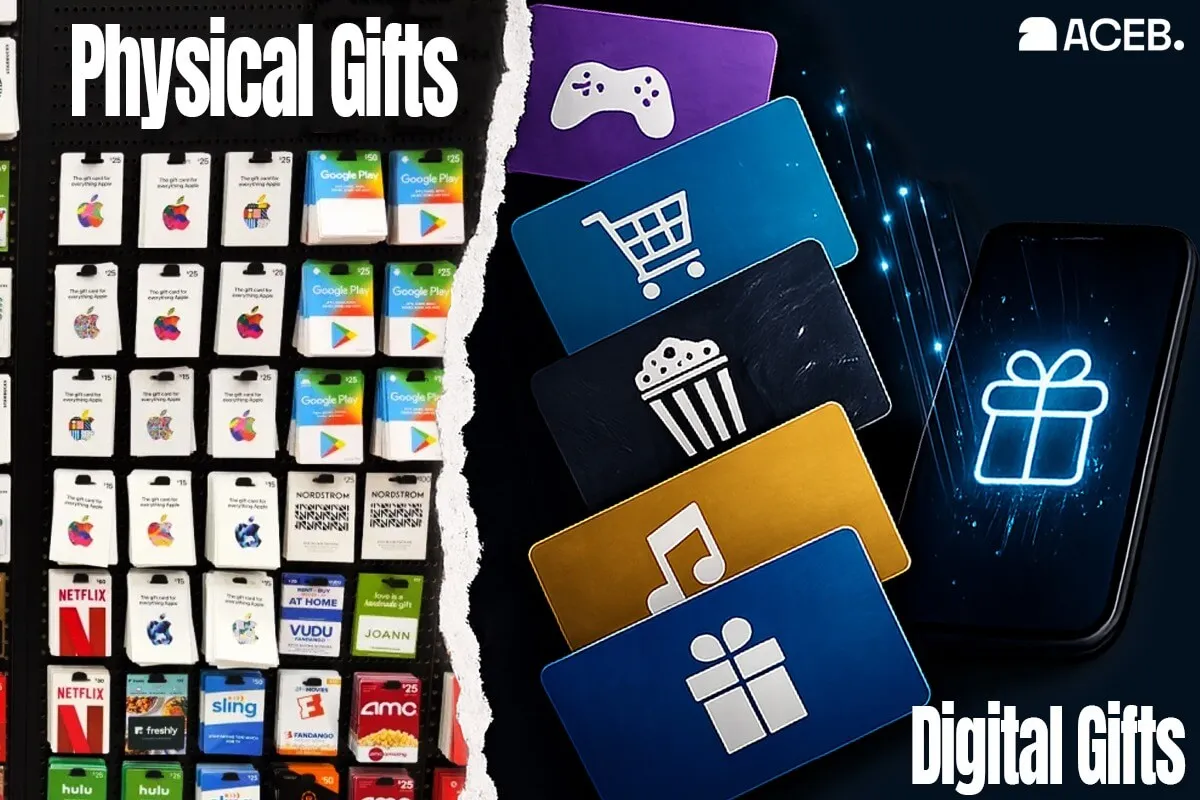 Comparison between physical gift cards in a store and digital gift cards online
