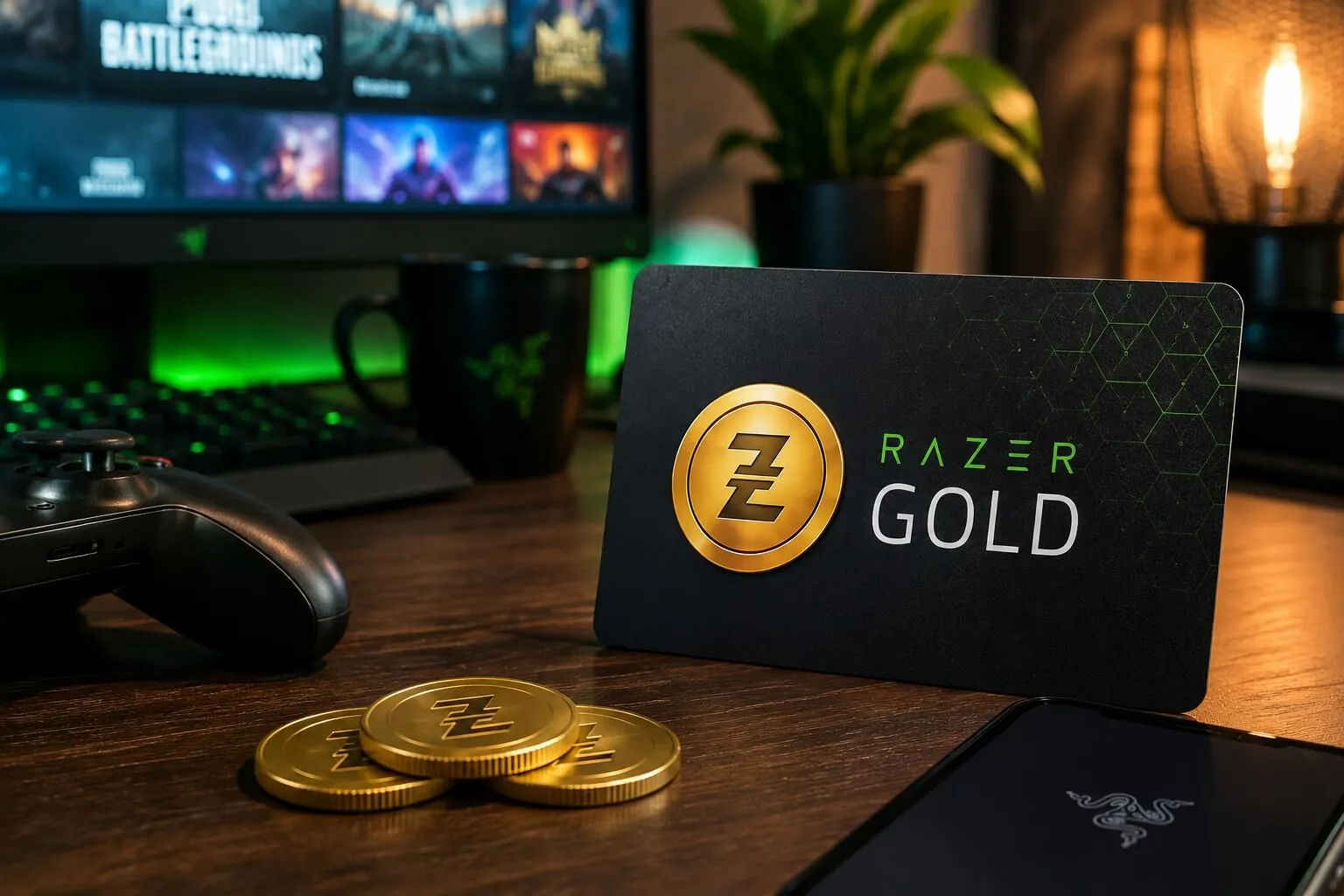 Razer Gold gift card on a gaming desk with a controller, gold coins and an RGB gaming setup.