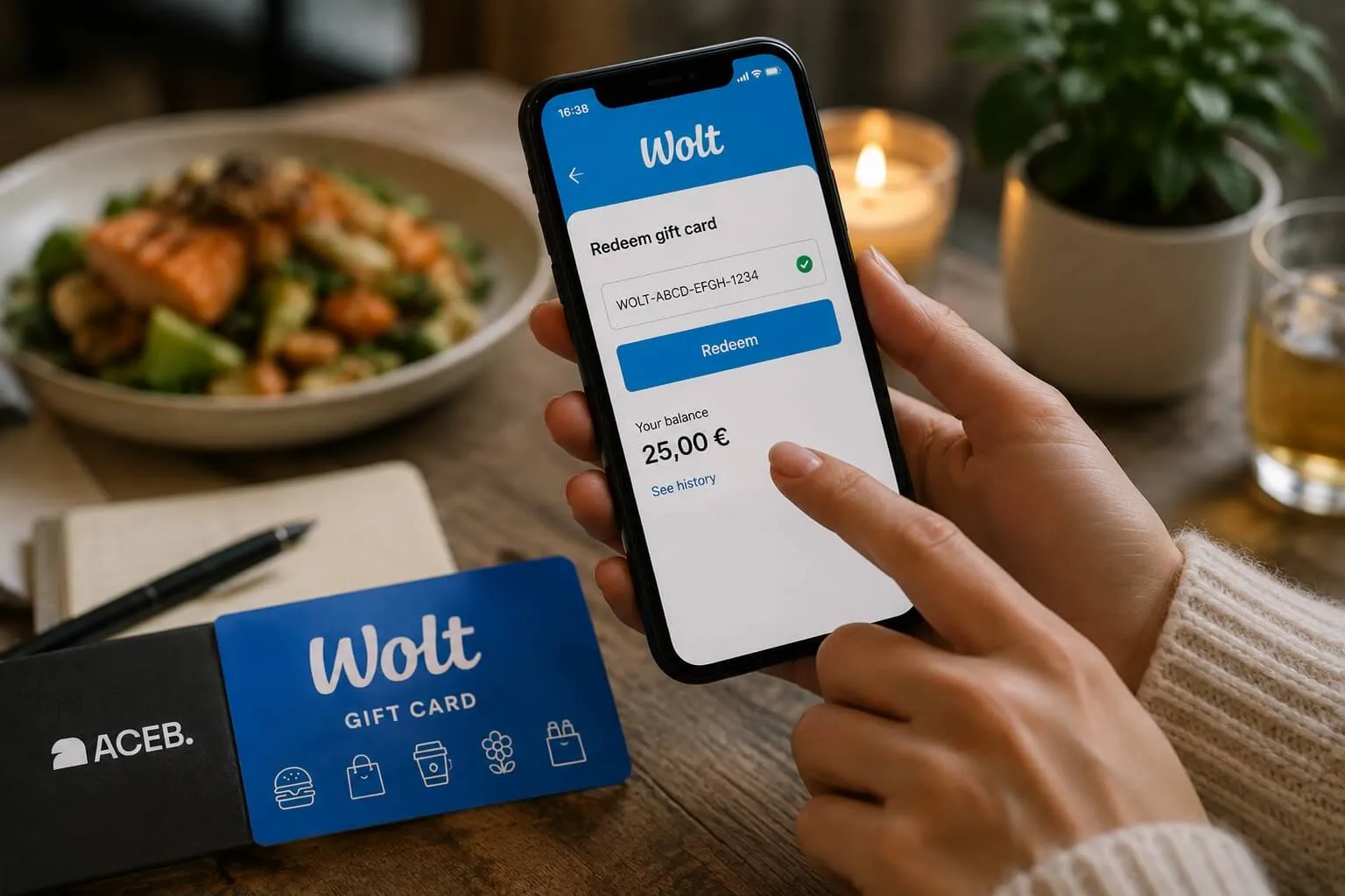 Redeeming a Wolt gift card in the Wolt app after purchasing the digital gift card through ACEB.