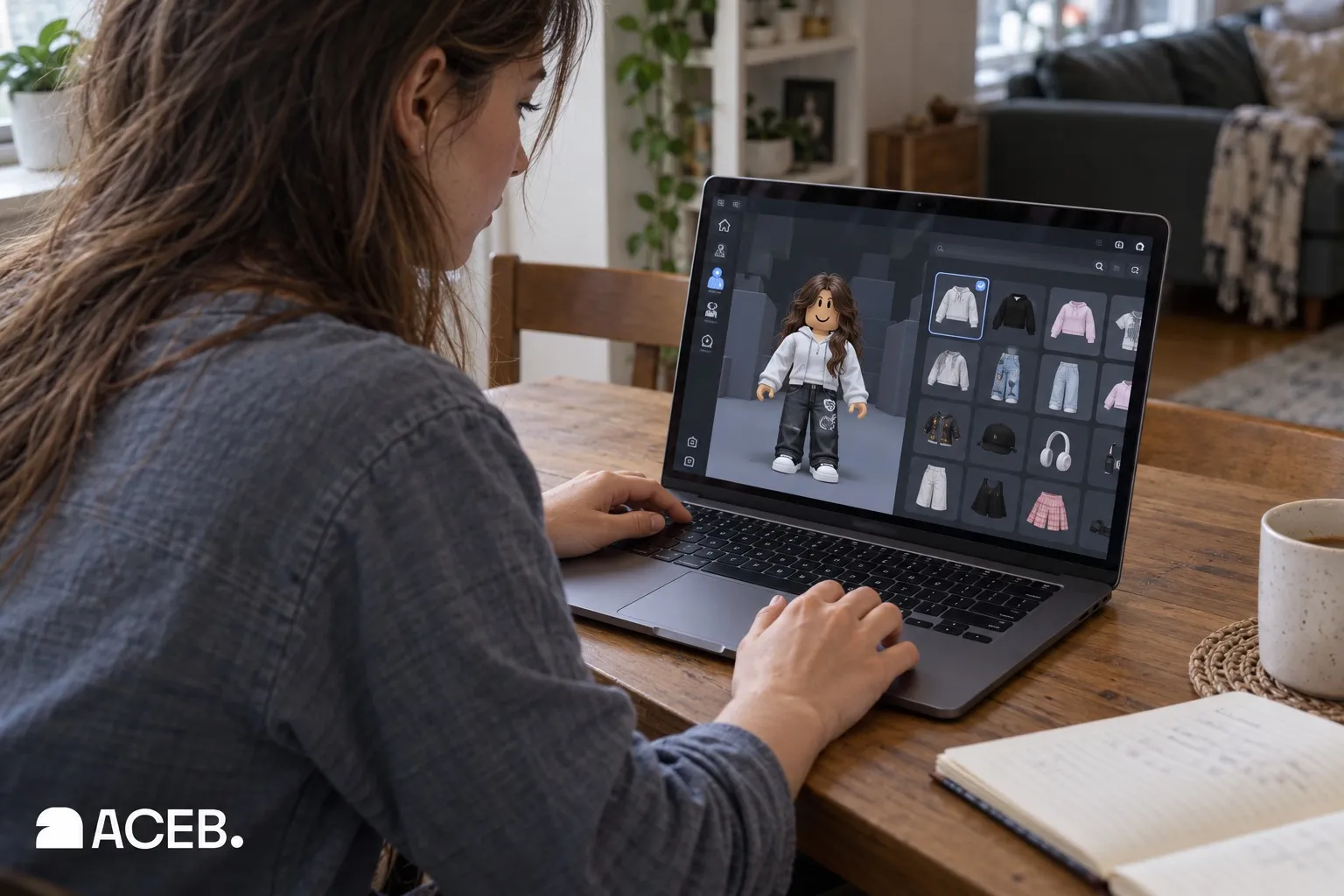 Woman choosing clothes and accessories for her Roblox avatar on a laptop.