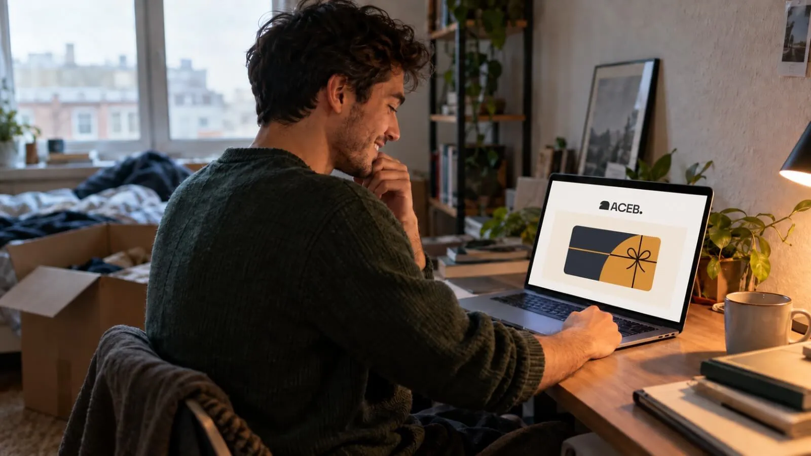 Man receiving a digital gift card from abroad on his laptop