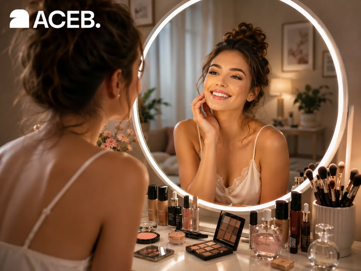 Happy woman enjoying a Sephora-inspired makeup moment