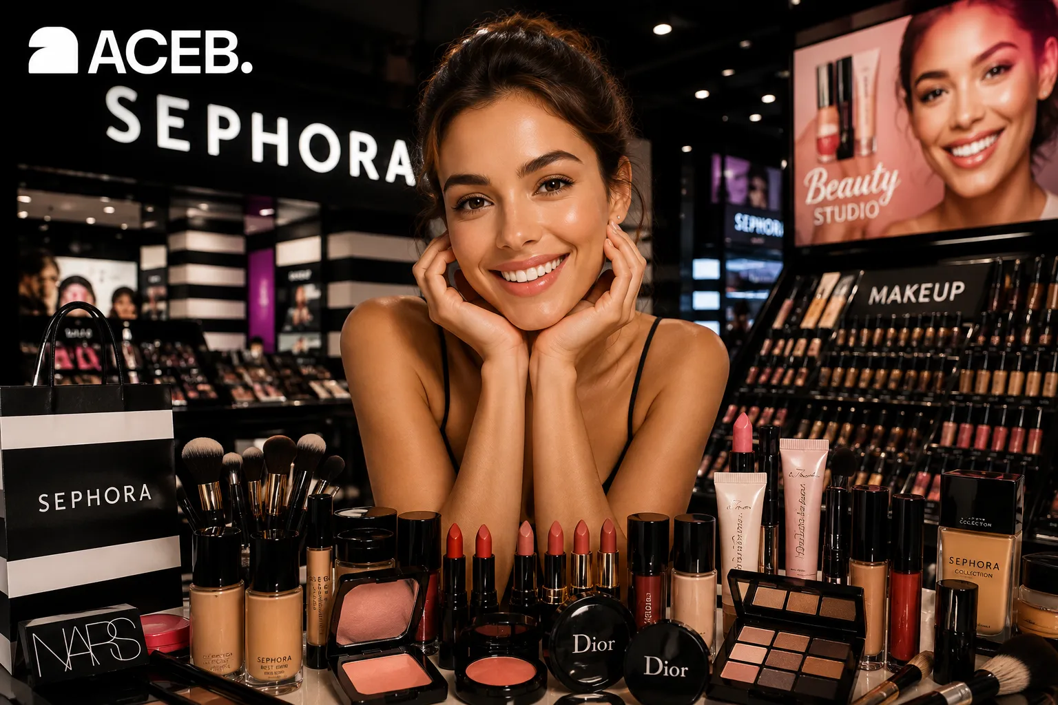 Happy beauty lover surrounded by Sephora makeup and cosmetics