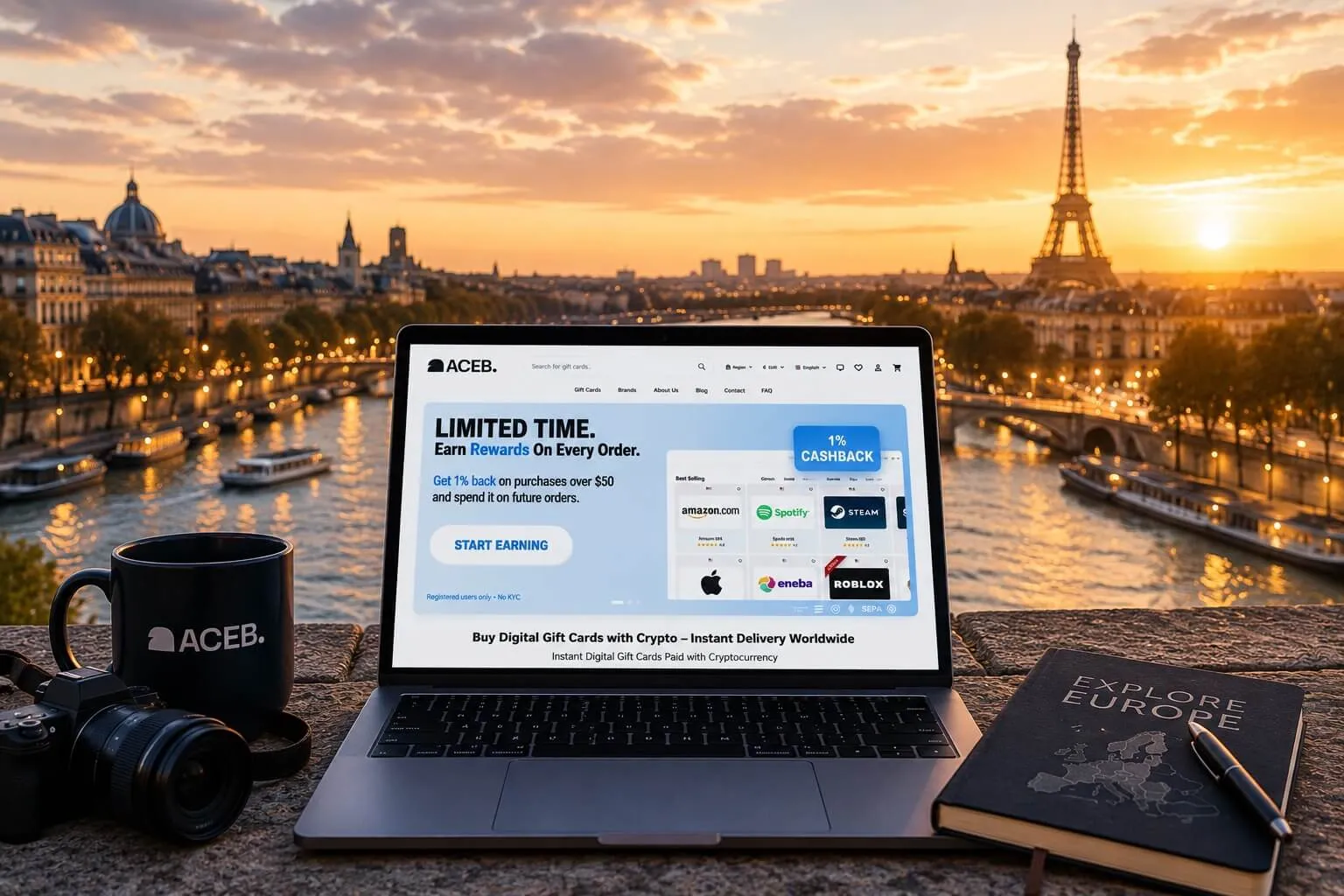 ACEB platform displayed in Paris, representing cross-border cryptocurrency spending with digital gift cards throughout Europe.