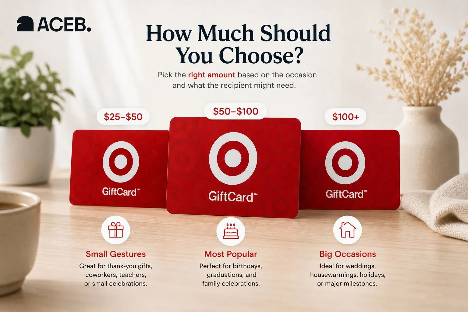 Target Gift Card value guide showing recommended amounts for small gifts, birthdays and special occasions