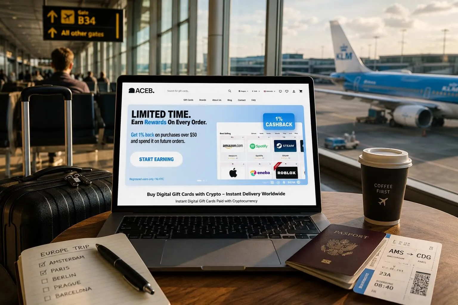 Traveler using the ACEB platform at a European airport to buy digital gift cards with cryptocurrency before a trip.